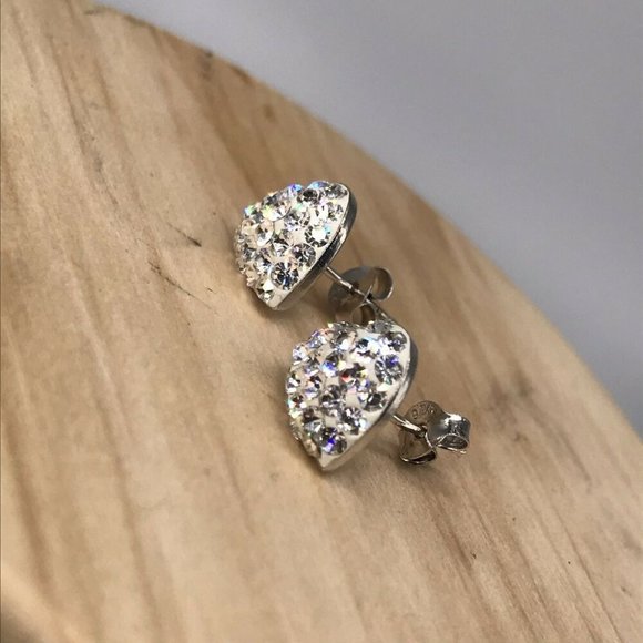 Authentic 925 Sterling Silver Heart Shaped Earrings with Sparkly White Stones - Picture 3 of 8